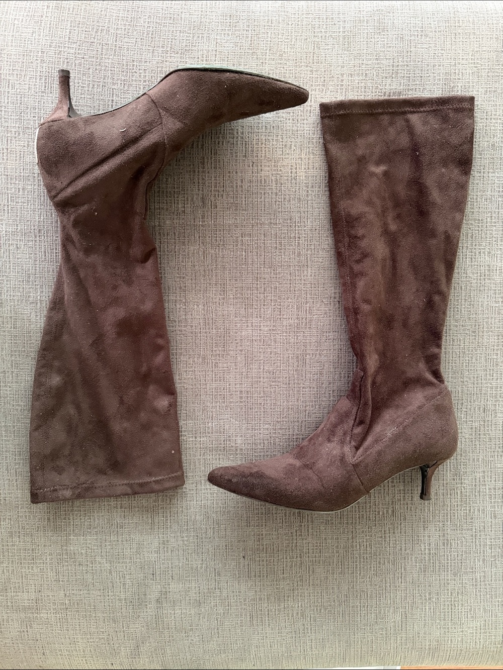 Donald Pliner Rich Brown Suede Stretch Knee High Boots Silve Heel Plate 8
